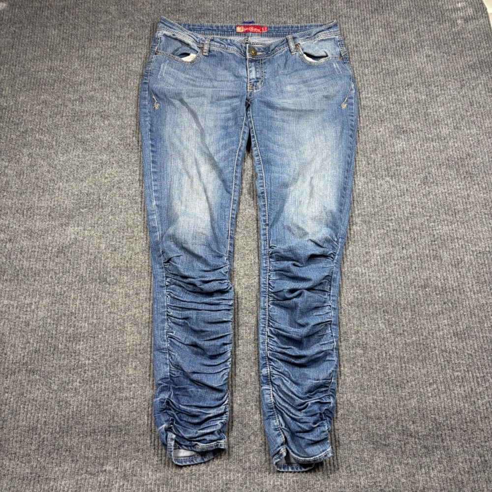 Vintage Apple Bottoms Jeans Women's 11/12 Blue Ruched Leg Embroidered Skinny Y2K